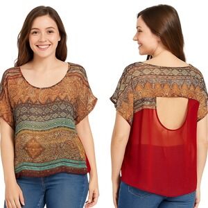 Ya Los Angeles Blouse Top Multicolor Sheer Aztec Paisley Boho Cutout Trendy M